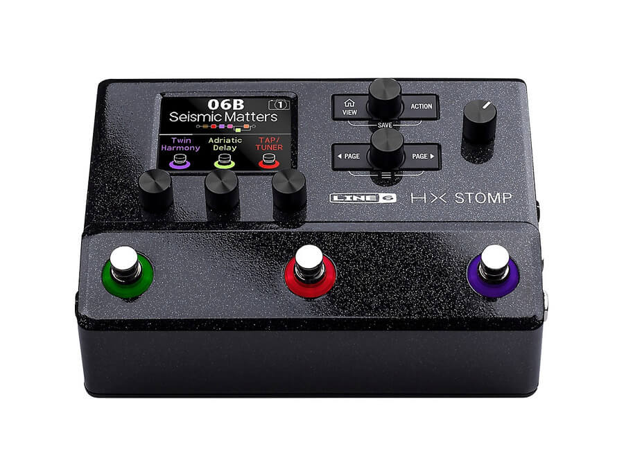 LINE 6 HX Stomp, a compact guitar multi-effects floor processor featuring over 300 effects, displayed in a studio setting.