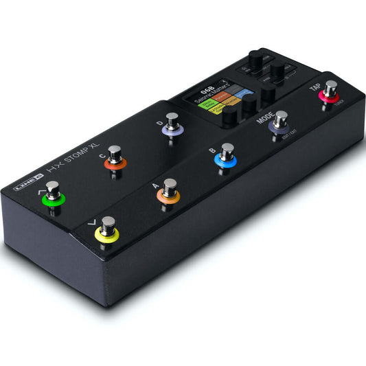 Line 6 HX Stomp XL Multi-Effects Processor displayed on a white background, showcasing its compact design and controls for guitarists.