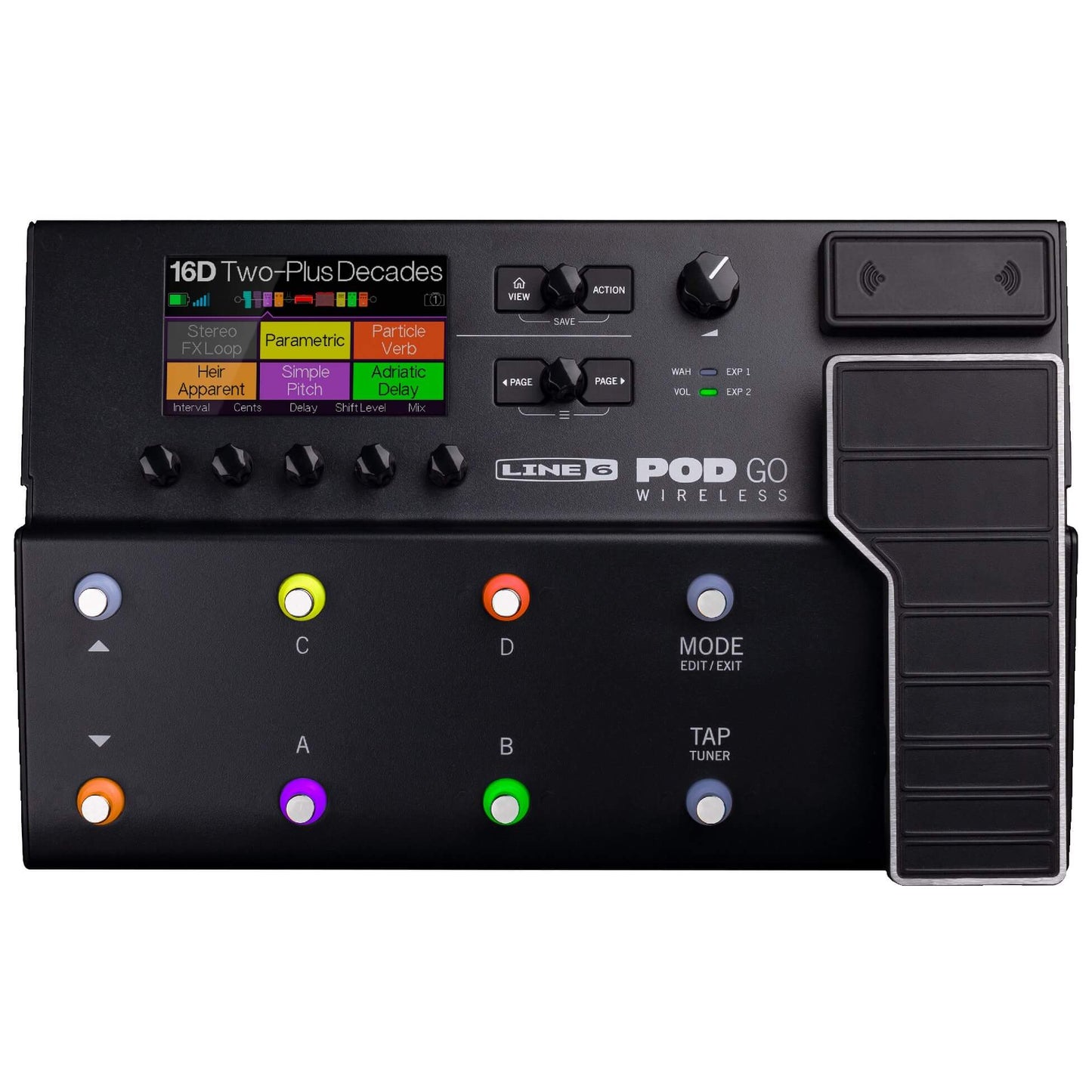 Image of the LINE 6 POD GO WIRELESS, an advanced guitar wireless system featuring a built-in relay receiver.