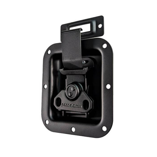 Penn Elcom padlocking butterfly catch with extended slider and remote catch plate in black color.
