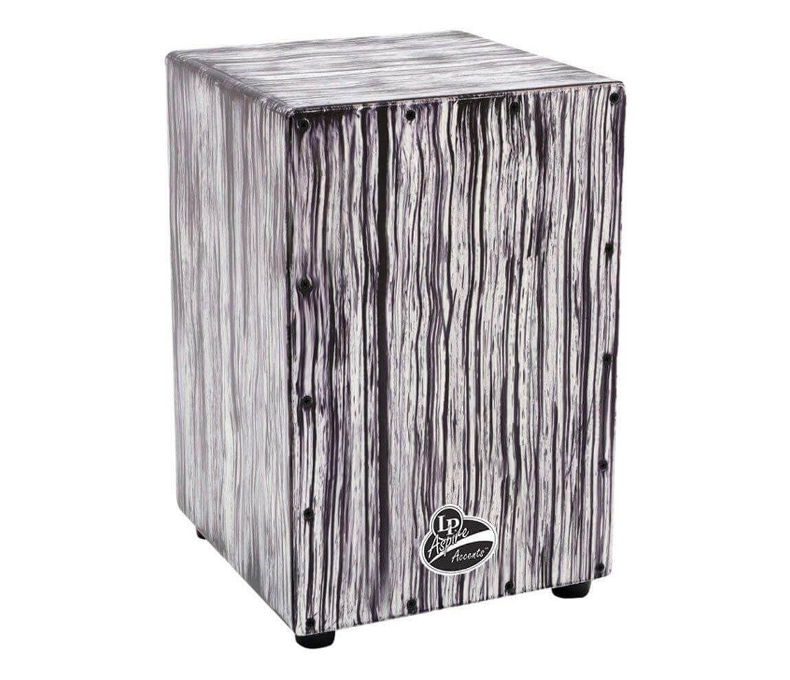 Image of the LP Accents Cajon featuring a white streak front plate, showcasing its design and craftsmanship.