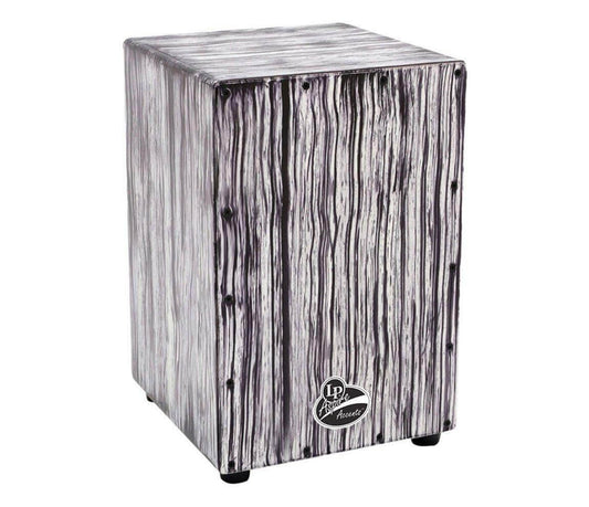 Image of the LP Accents Cajon featuring a white streak front plate, showcasing its design and craftsmanship.