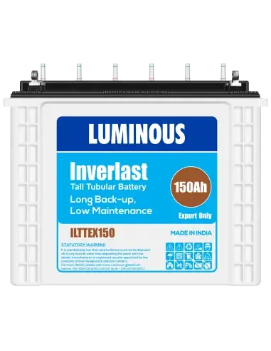 Luminous Inverlast 12V 150Ah Tubular Battery displayed on a white background.