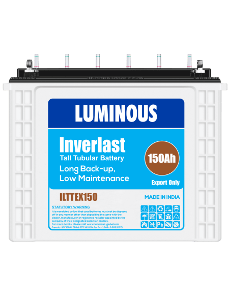 Luminous Inverlast 12V 150Ah Tubular Battery showcased on a white background.