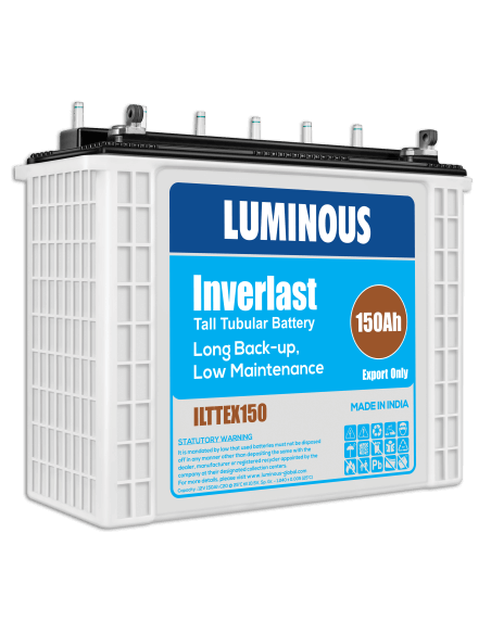 Luminous Inverlast 12V 150Ah Tubular Battery displayed against a neutral background.