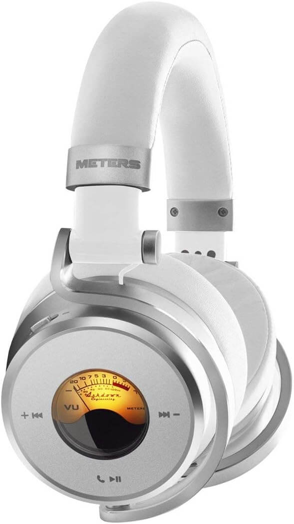 ASHDOWN M-OV-1-B-C-WHT Bluetooth Over-Ear Headphones with Active Noise Cancellation and VU Meter on a white background.