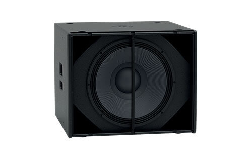 Martin Audio BLACKLINE XP118, an 18-inch compact self-powered subwoofer in black, showcasing its design and features.