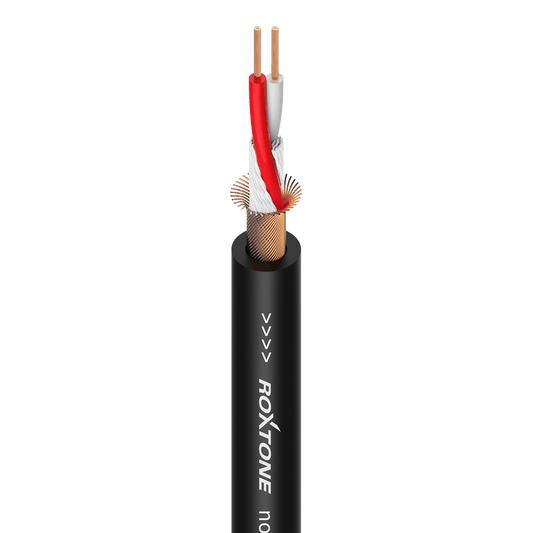 ROXTONE Microphone Cable 2-Core + Screen in black, 100 meters long, designed for high-quality balanced audio transmission.