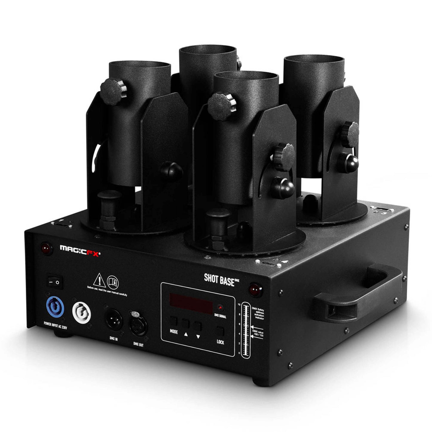 MAGICFX® Shot Base DMX - Professional Electric Confetti and Streamer Cannon System showcased in an image.