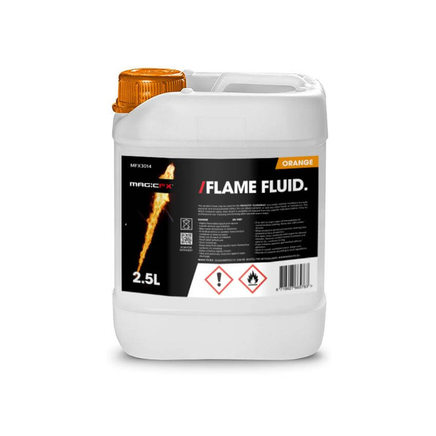 MAGICFX® Flame Fluid Orange 2.5L bottle designed for creating stunning colored flames.