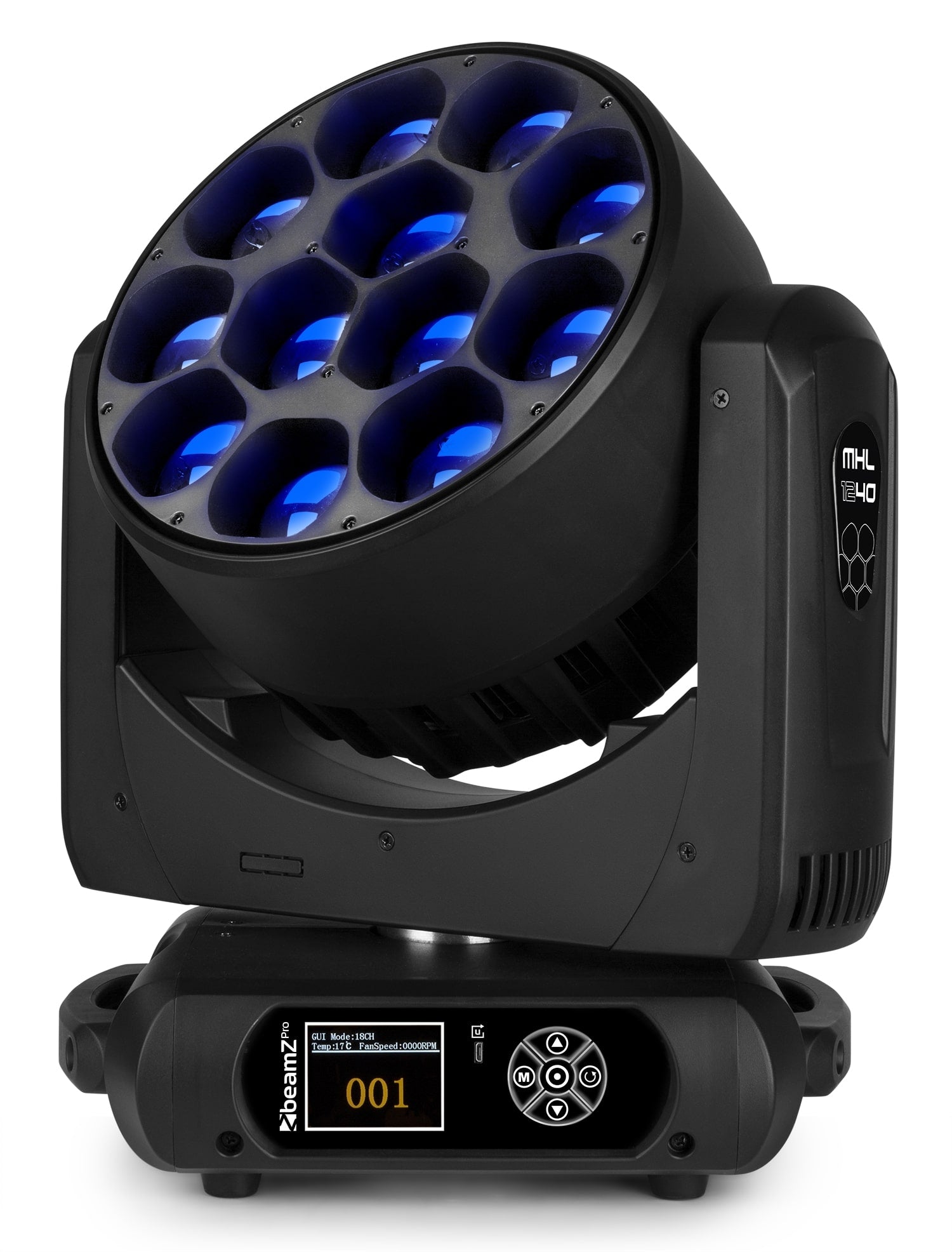 Front view of the MHL1240 LED Wash Moving Head with Zoom - BeamZ Pro Professional Lighting in blue.