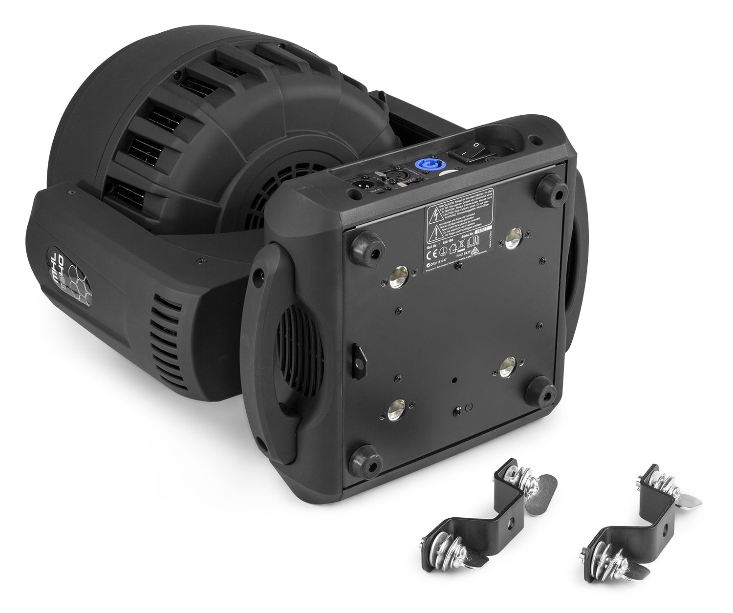 Back view of the MHL1240 LED Wash Moving Head with Zoom - BeamZ Pro Professional Lighting with Mounting Brackets.