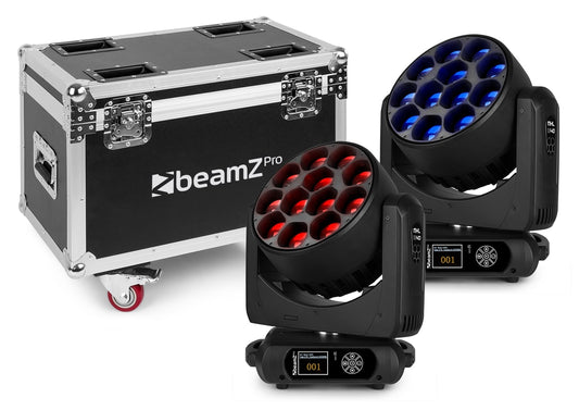 Top view of the flight case and 2 LED moving head zooms of the MHL1240 LED Wash Moving Head with Zoom 2pcs in Flightcase - BeamZ Pro Professional Lighting