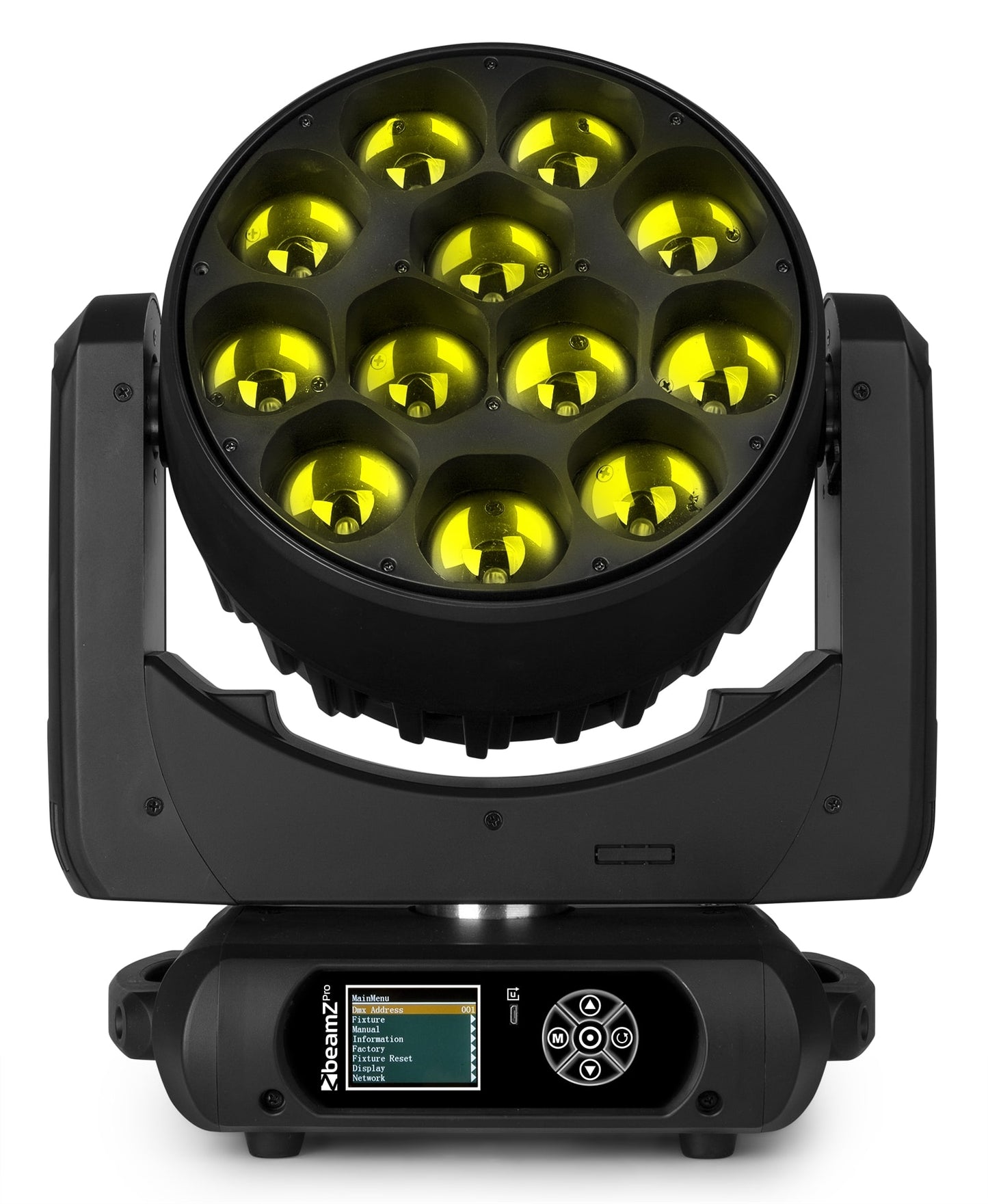 Front view of the front of the MHL1240 LED Wash Moving Head with Zoom - BeamZ Pro Professional Lighting with yellow light.