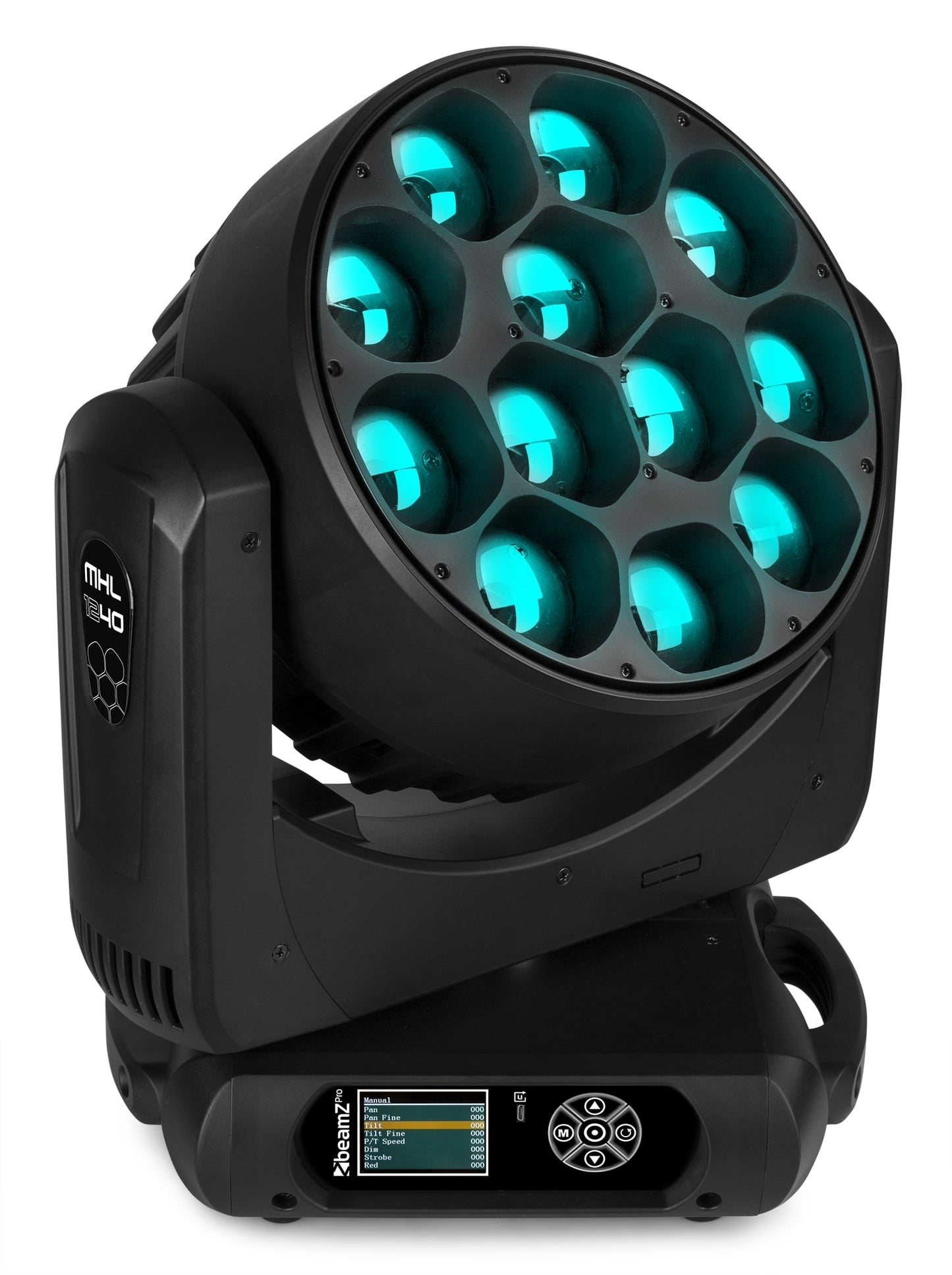 Front view of the front of the MHL1240 LED Wash Moving Head with Zoom - BeamZ Pro Professional Lighting with blue light.