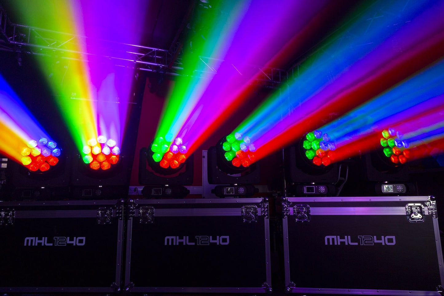 First application view of the Front view of the front of the MHL1240 LED Wash Moving Head with Zoom - BeamZ Pro Professional Lighting.