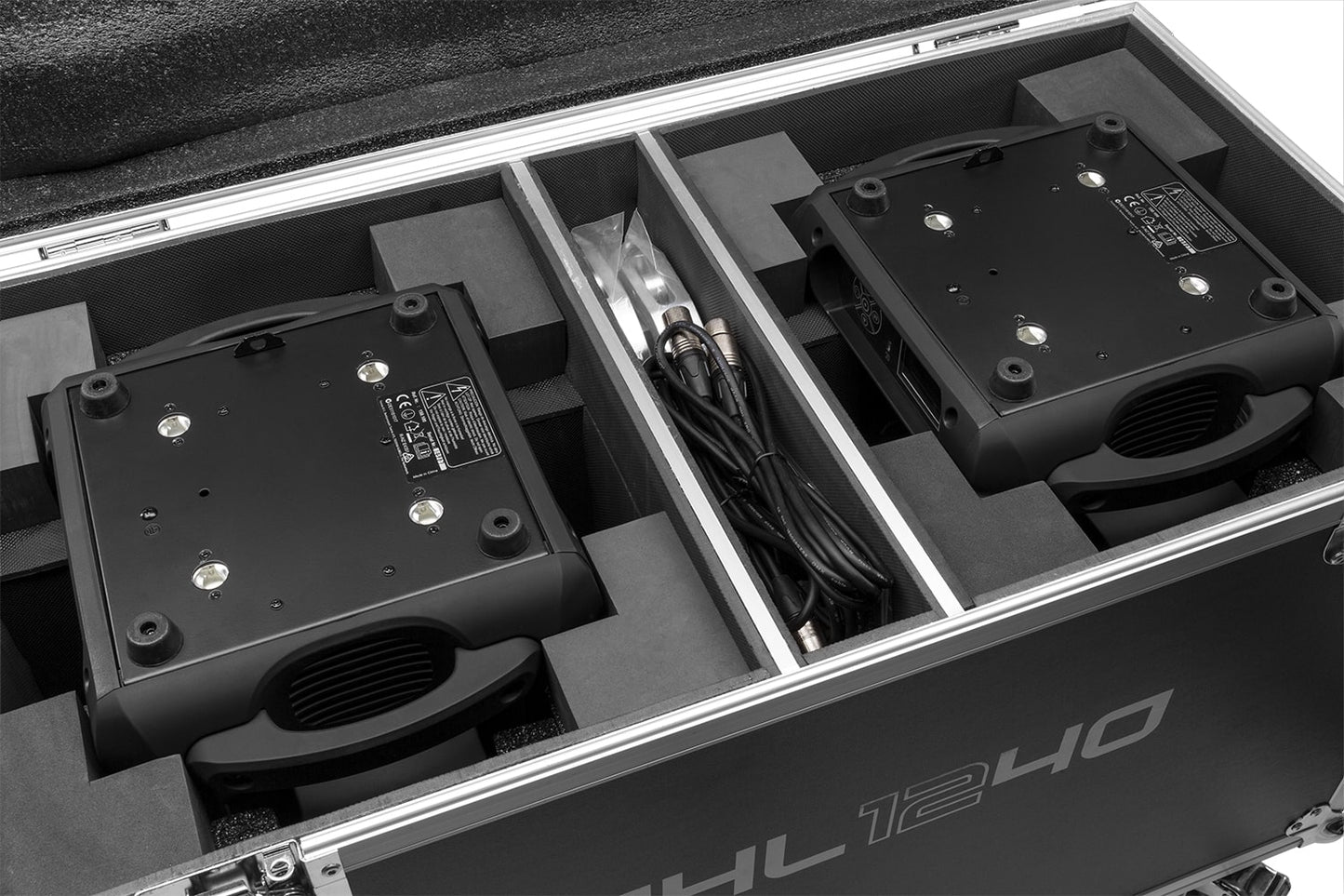 Top view of the packed case of the MHL1240 LED Wash Moving Head with Zoom 2pcs in Flightcase - BeamZ Pro Professional Lighting.