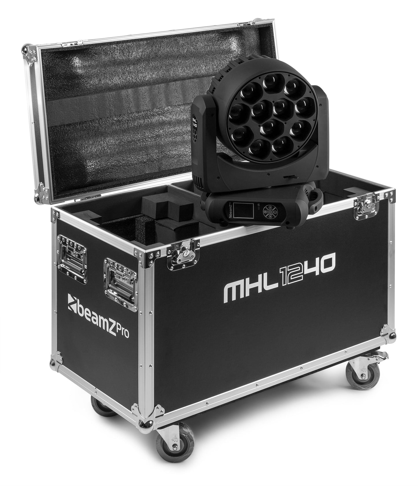 Front view of the case and one MHL1240 LED Wash Moving Head with Zoom - BeamZ Pro Professional Lighting