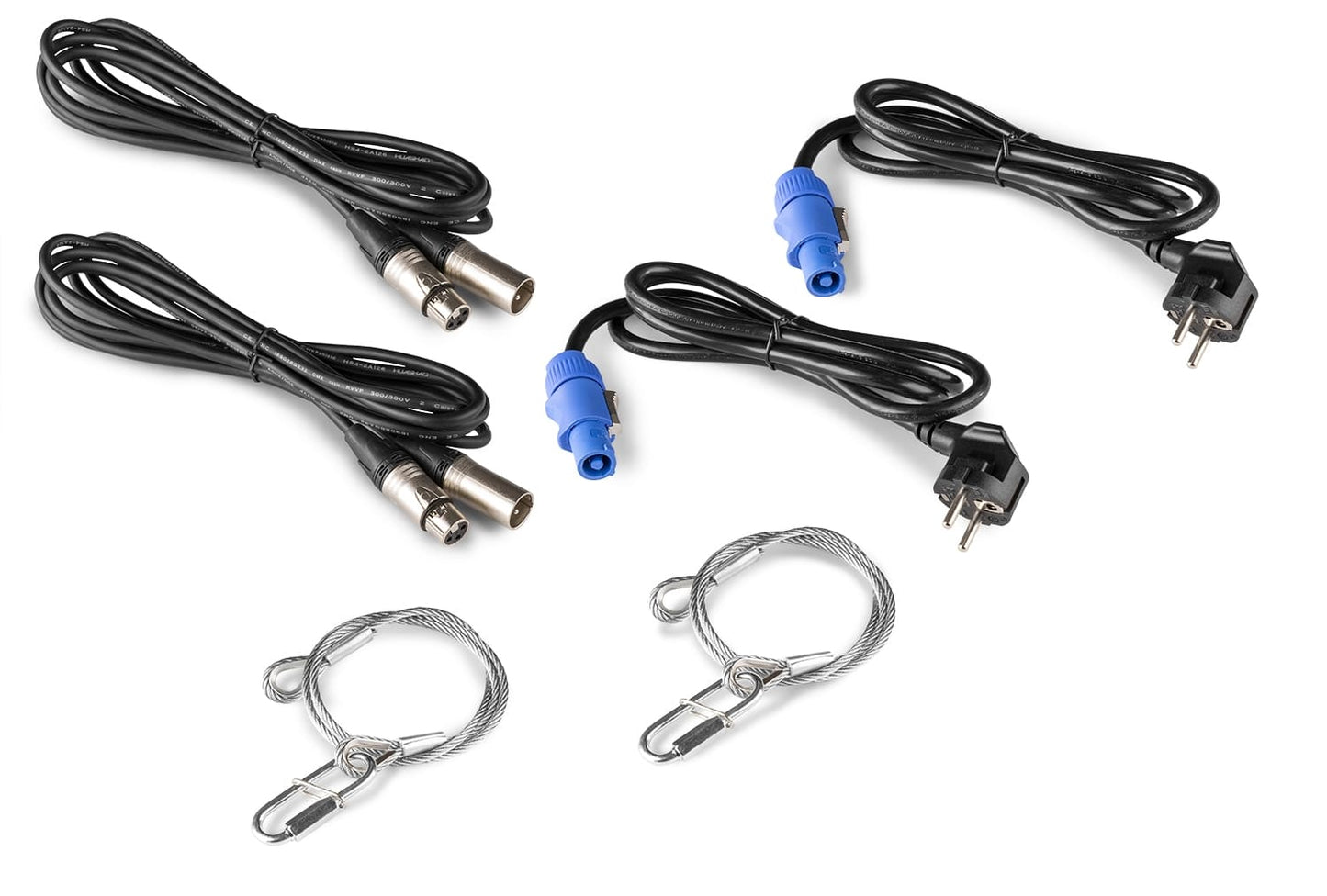 Top view of the Safety cord, Power cable and DMX cable for the MHL1240 LED Wash Moving Head with Zoom 2pcs in Flightcase - BeamZ Pro Professional Lighting