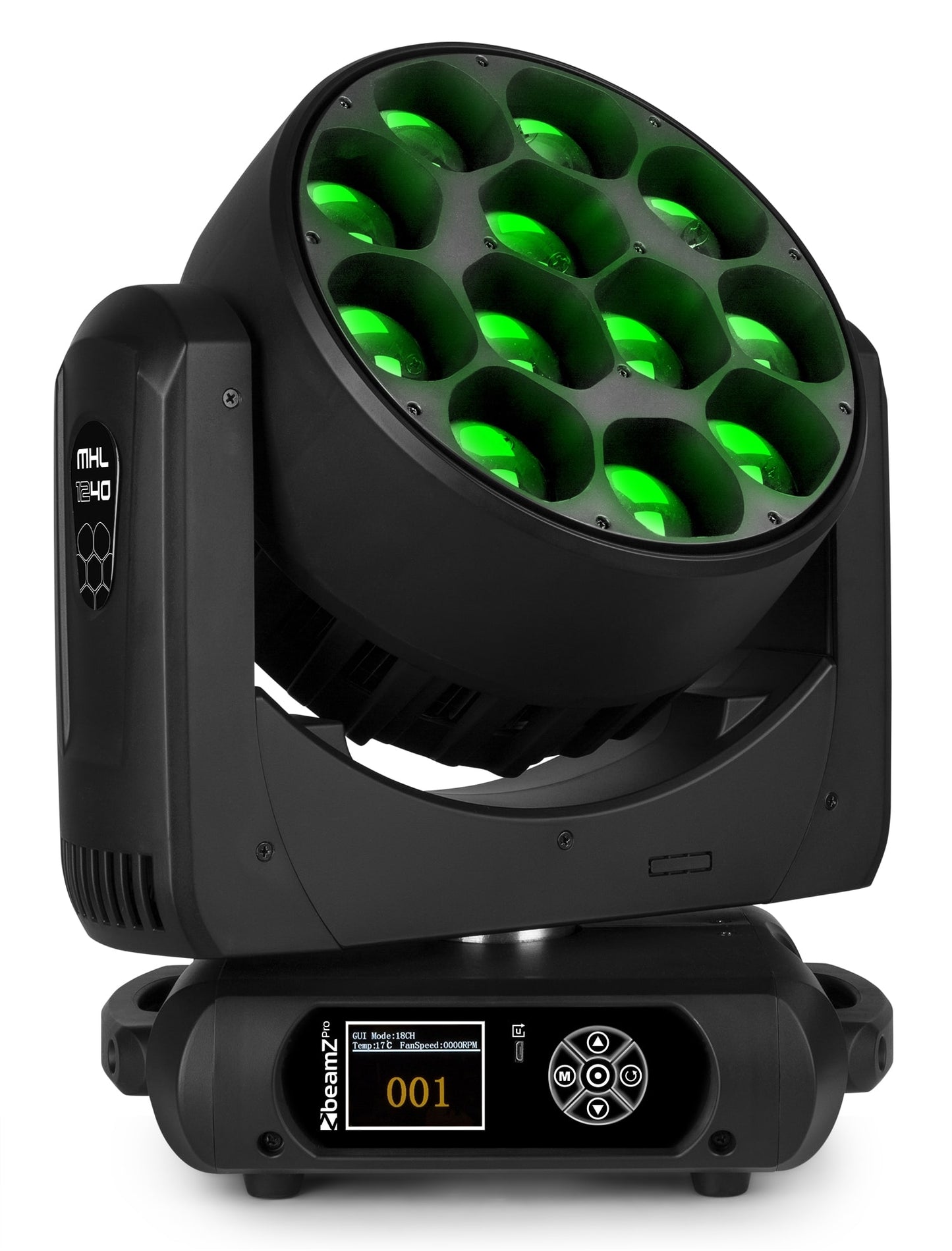 Front view of the front of the MHL1240 LED Wash Moving Head with Zoom - BeamZ Pro Professional Lighting with green light.