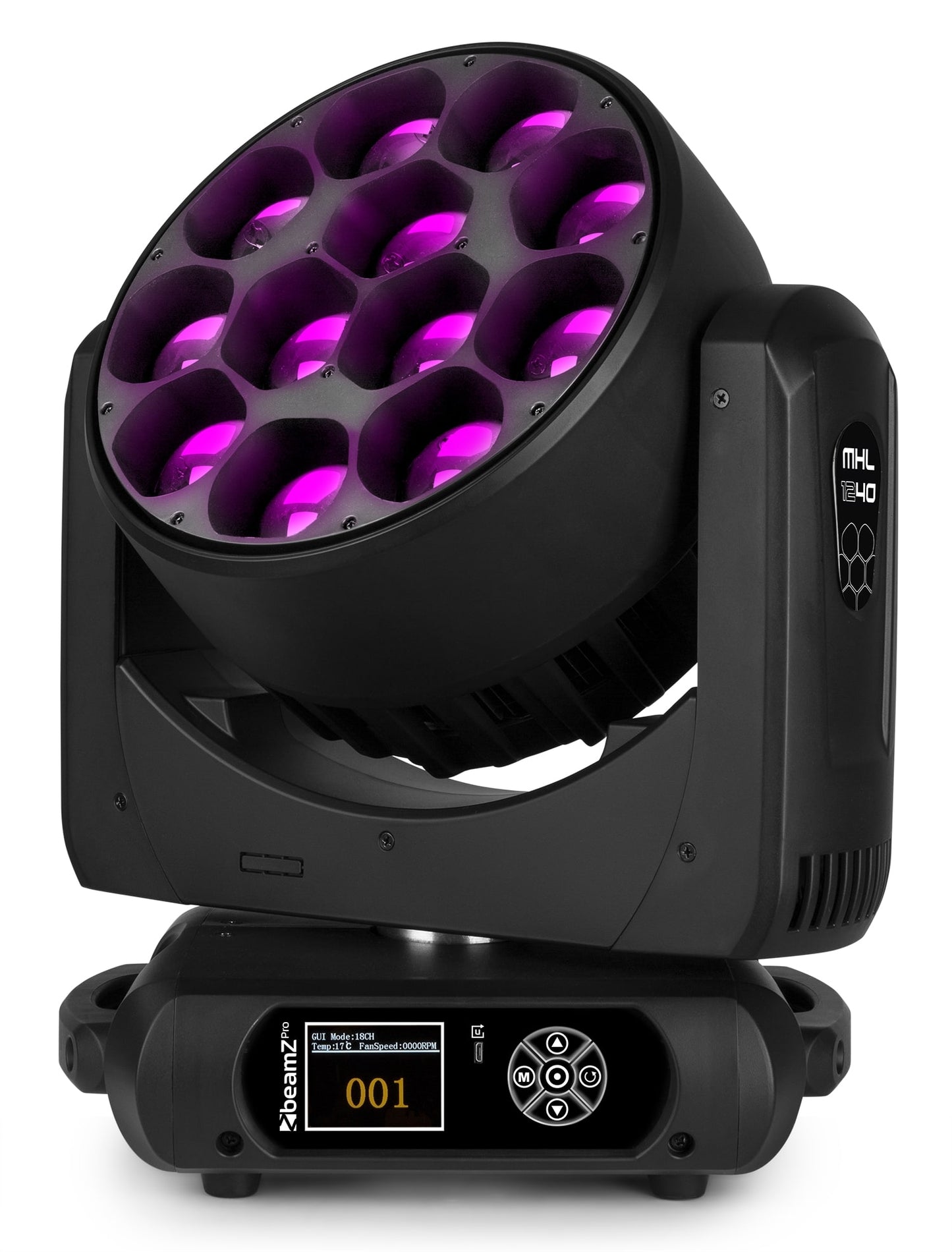 Front view of the front of the MHL1240 LED Wash Moving Head with Zoom - BeamZ Pro Professional Lighting with purple light.