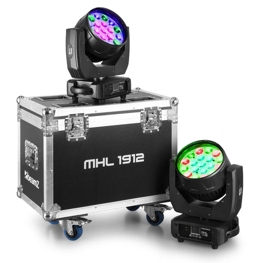 Top view of the 2 piece MHL1912 LED Wash Moving Head with Zoom in rugged flightcase, featuring 19x 12W RGBW LEDs.
