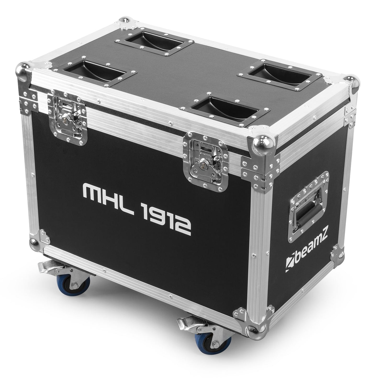 Top right angled view of the closed MHL1912 LED Wash Moving Head with Zoom featuring 19x 12W RGBW LEDs flightcase.