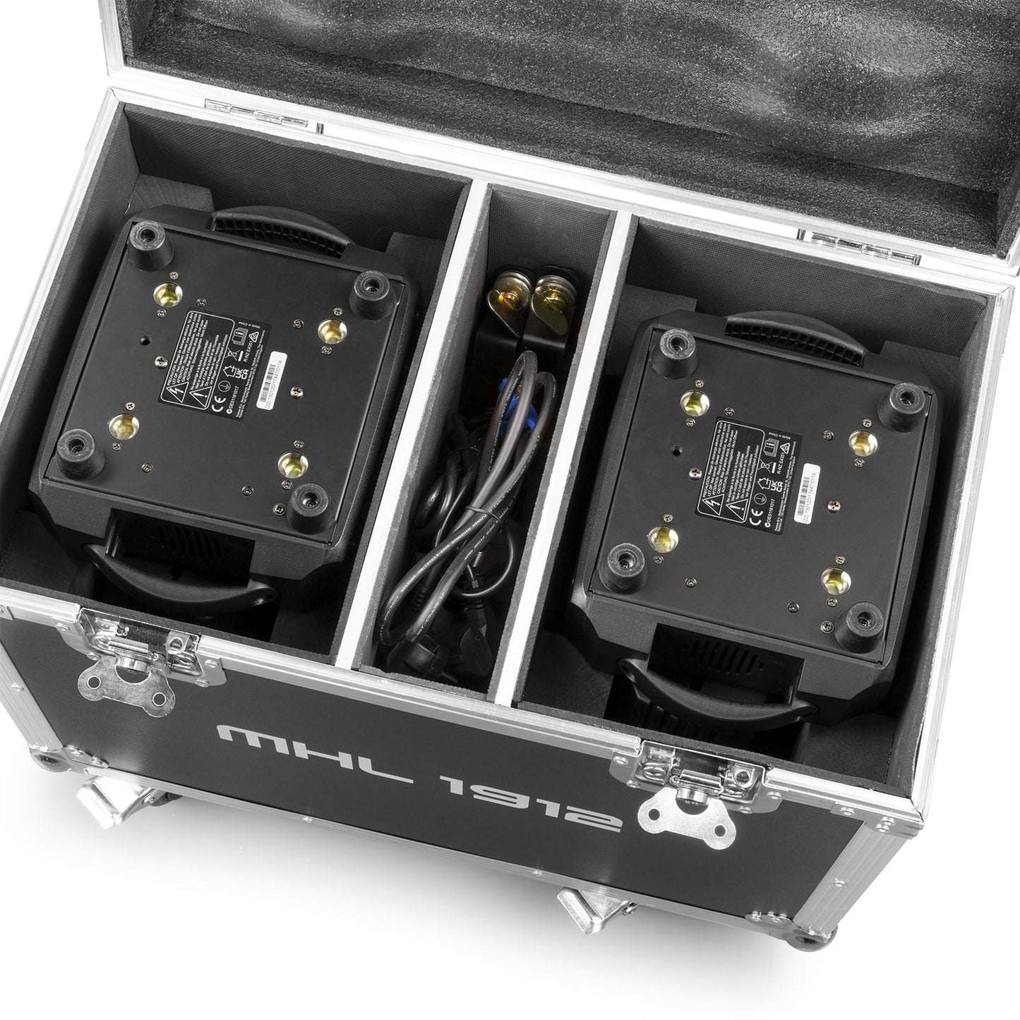 Top right angled view of the open flightcase with MHL1912 LED Wash Moving Head with Zoom featuring 19x 12W RGBW LEDs inside.