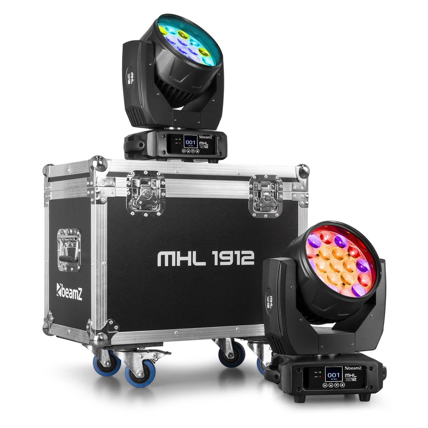 Front view of the 2 piece MHL1912 LED Wash Moving Head with Zoom in rugged flightcase, featuring 19x 12W RGBW LEDs.