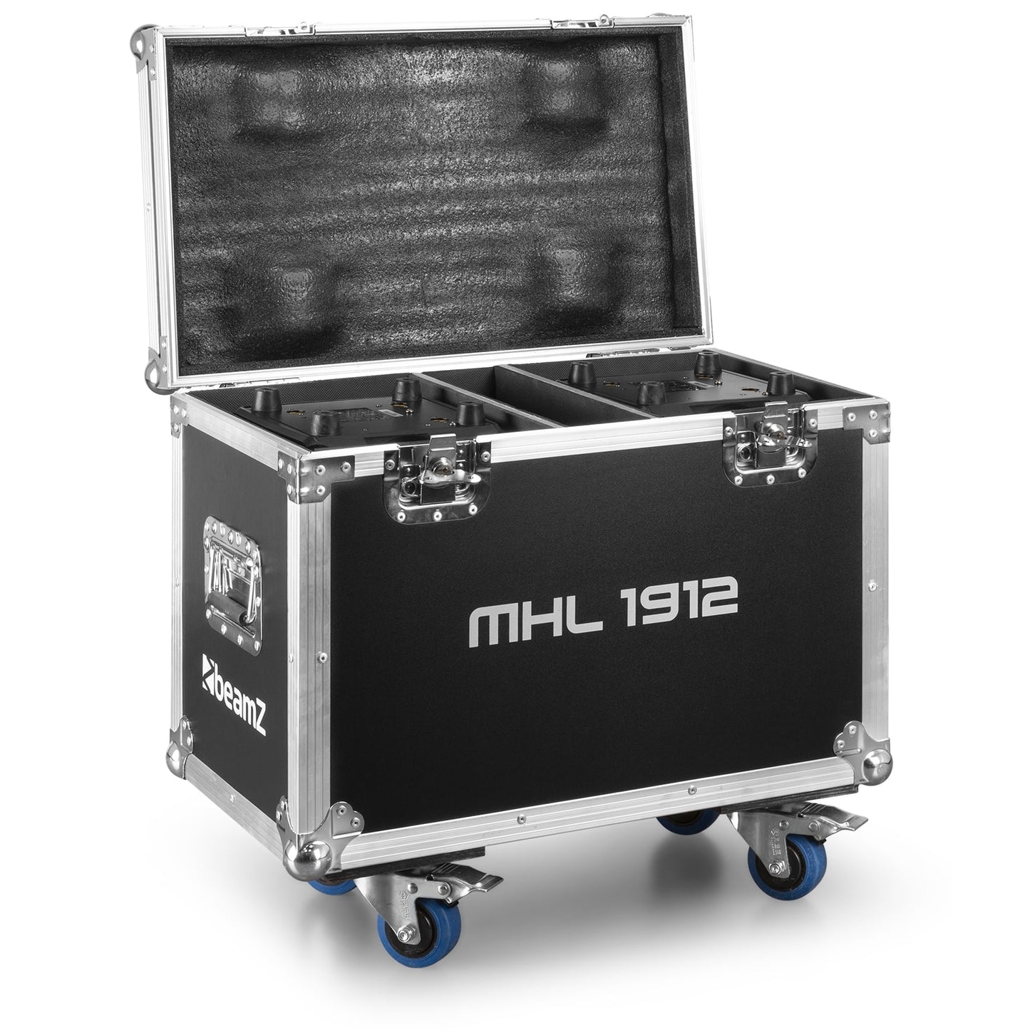 Front view of the open MHL1912 LED Wash Moving Head with Zoom featuring 19x 12W RGBW LEDs flightcase.