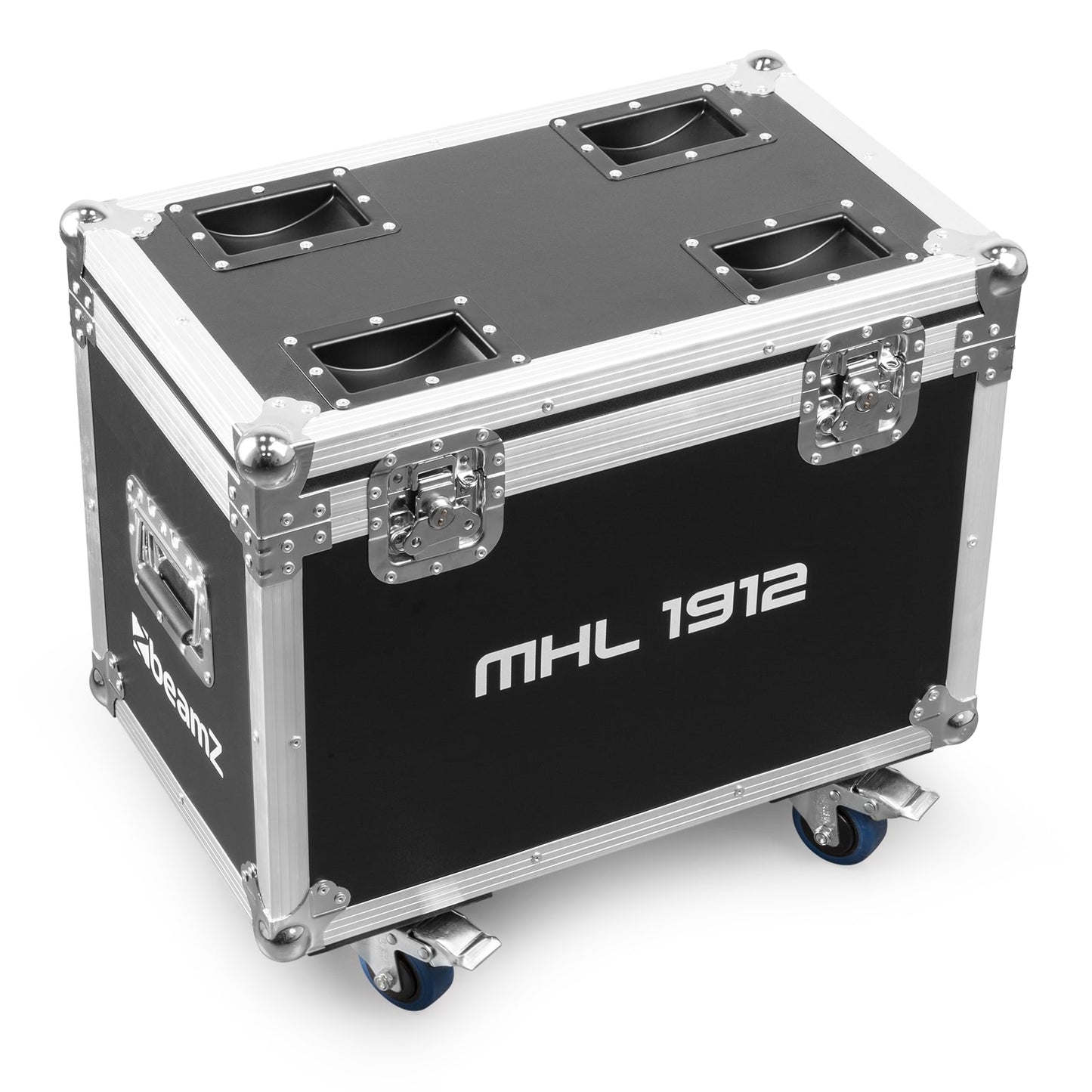 Top left angled view of the closed MHL1912 LED Wash Moving Head with Zoom featuring 19x 12W RGBW LEDs flightcase.