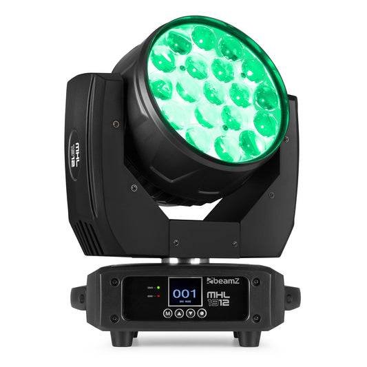 Front view of the MHL1912 LED Wash Moving Head with Zoom, featuring 19x 12W RGBW LEDs in Green.