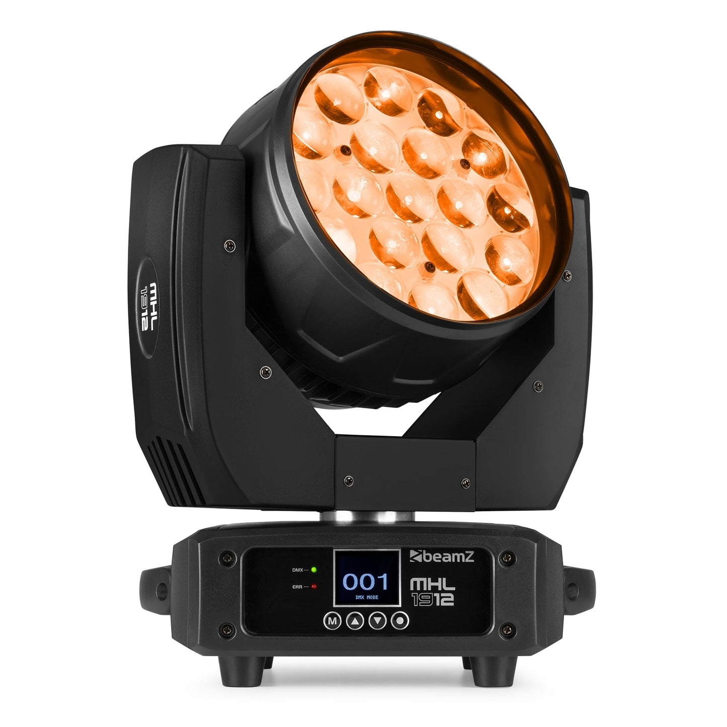 Front view of the MHL1912 LED Wash Moving Head with Zoom, featuring 19x 12W RGBW LEDs in Orange.