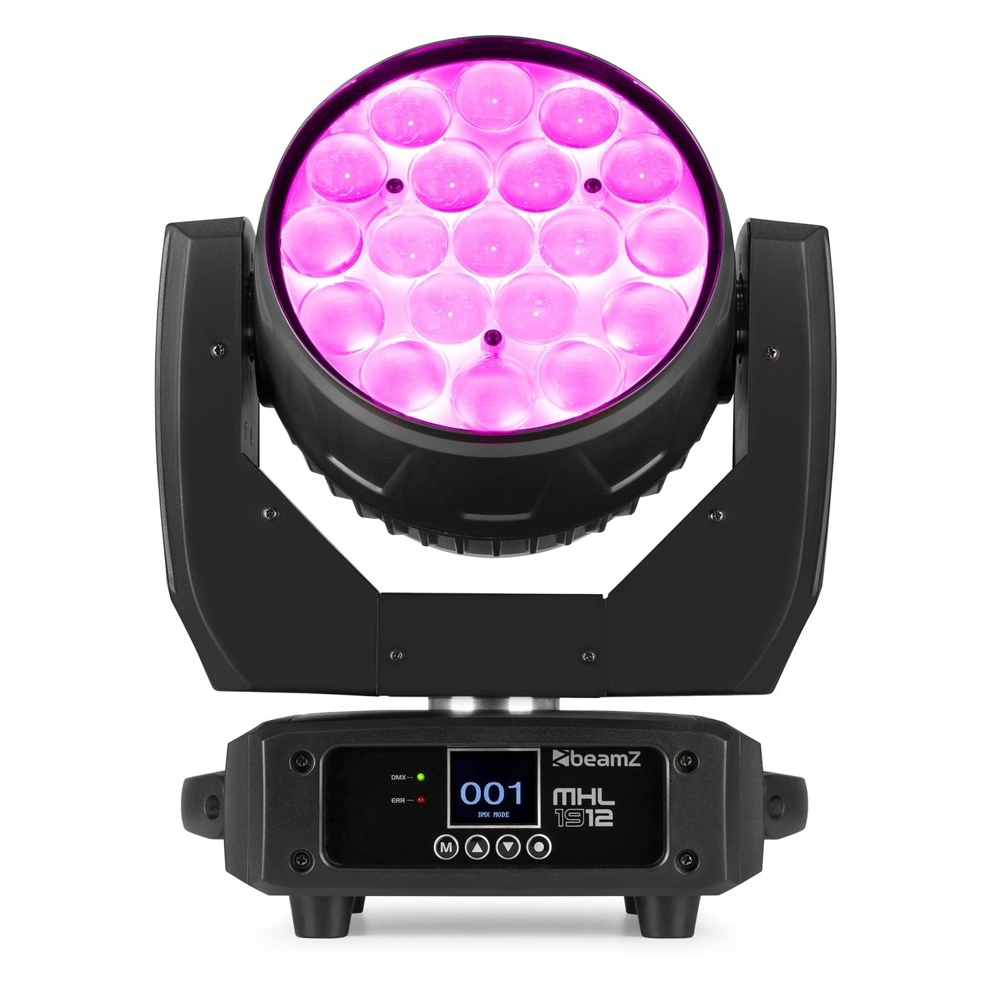 Front view of the MHL1912 LED Wash Moving Head with Zoom, featuring 19x 12W RGBW LEDs in Pink.