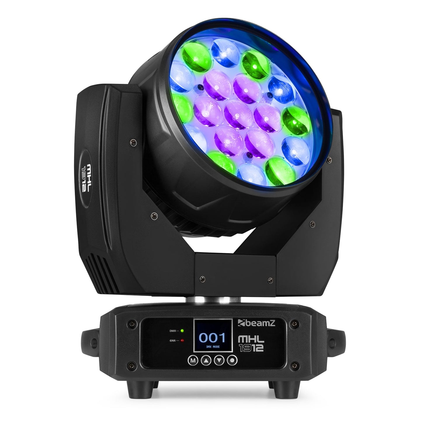 Front view of the MHL1912 LED Wash Moving Head with Zoom, featuring 19x 12W RGBW LEDs in Multi-colour.