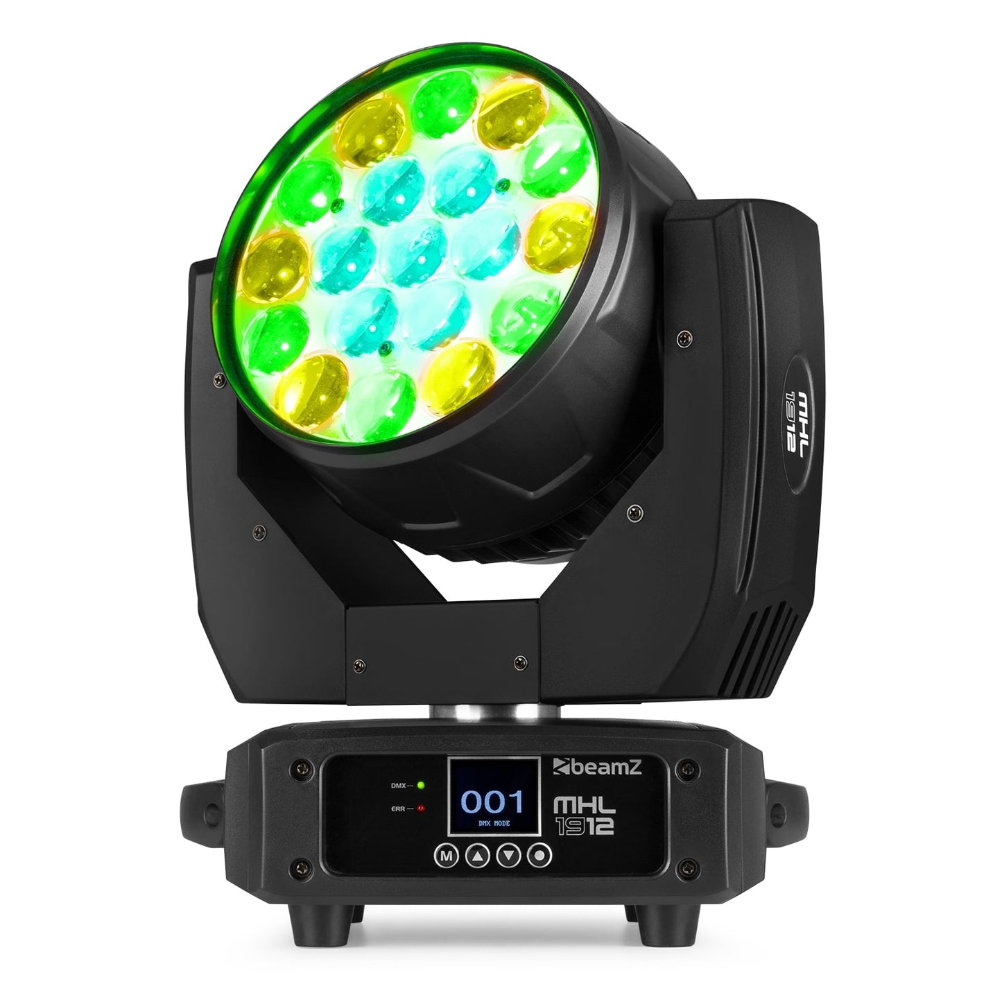 Front view of the MHL1912 LED Wash Moving Head with Zoom, featuring 19x 12W RGBW LEDs in Multi-colour.