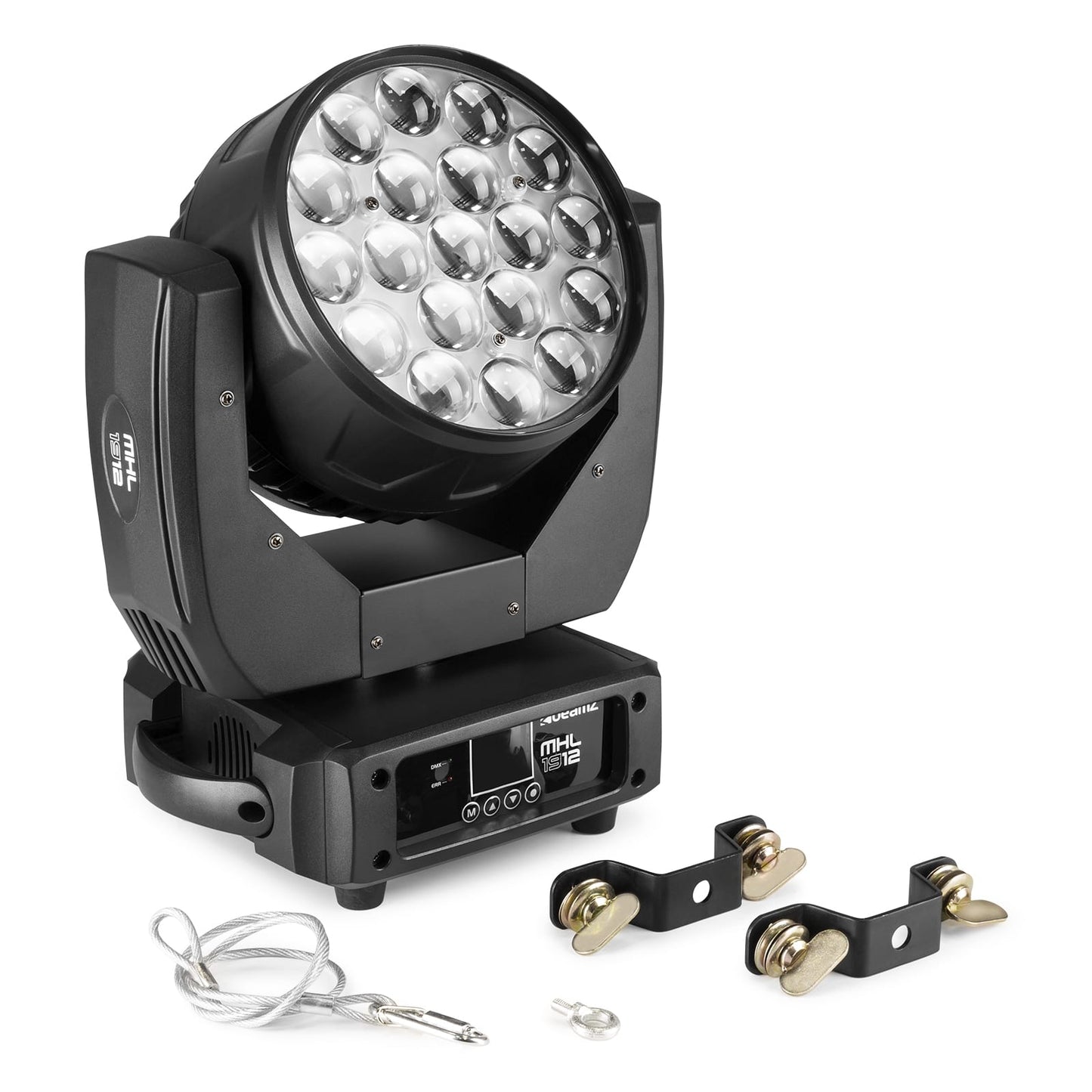 Top view of the MHL1912 LED Wash Moving Head with Zoom, featuring 19x 12W RGBW LEDs with mounting brackets and safety cable.