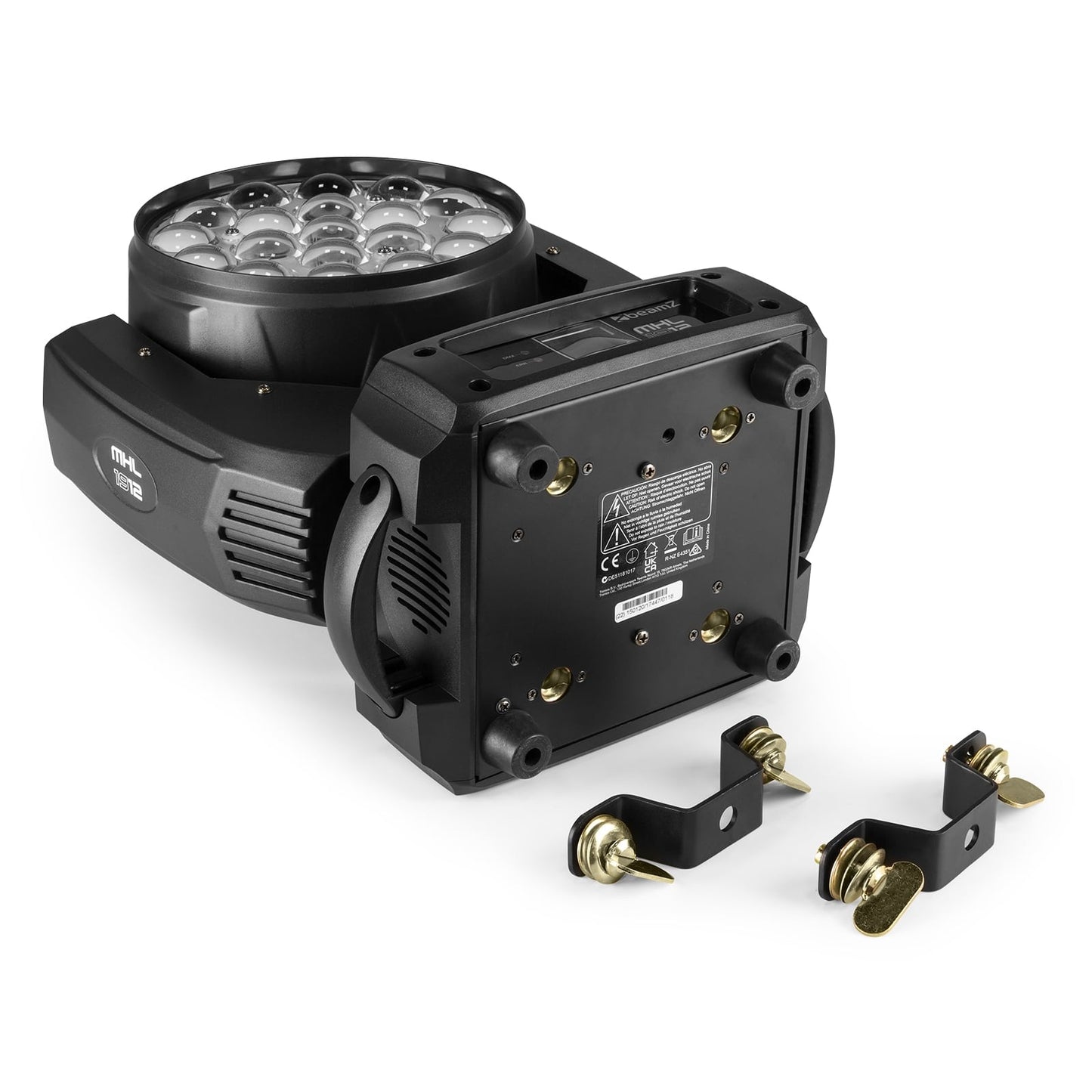 Top view of the MHL1912 LED Wash Moving Head with Zoom, featuring 19x 12W RGBW LEDs with mounting brackets.