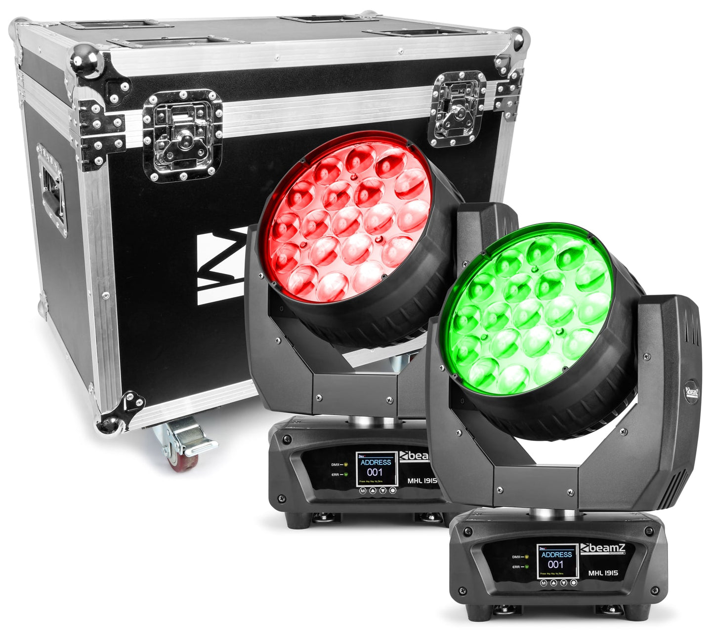 Front view of the MHL1915 LED Zoom Moving Head set with 19x 15W RGBW LEDs, DMX control, and flightcase for transport.