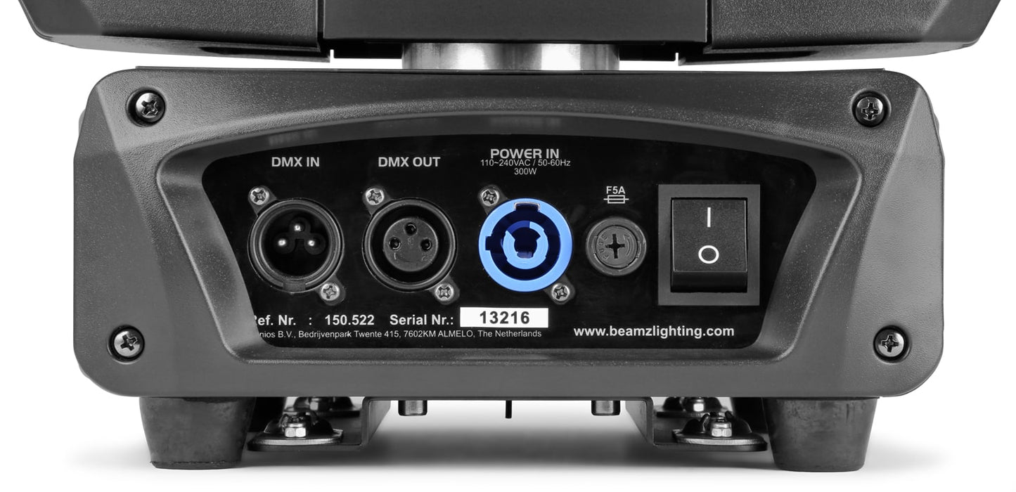 Back view of the MHL1915 LED Zoom Moving Head set with 19x 15W RGBW LEDs, DMX control, and flightcase for transport.