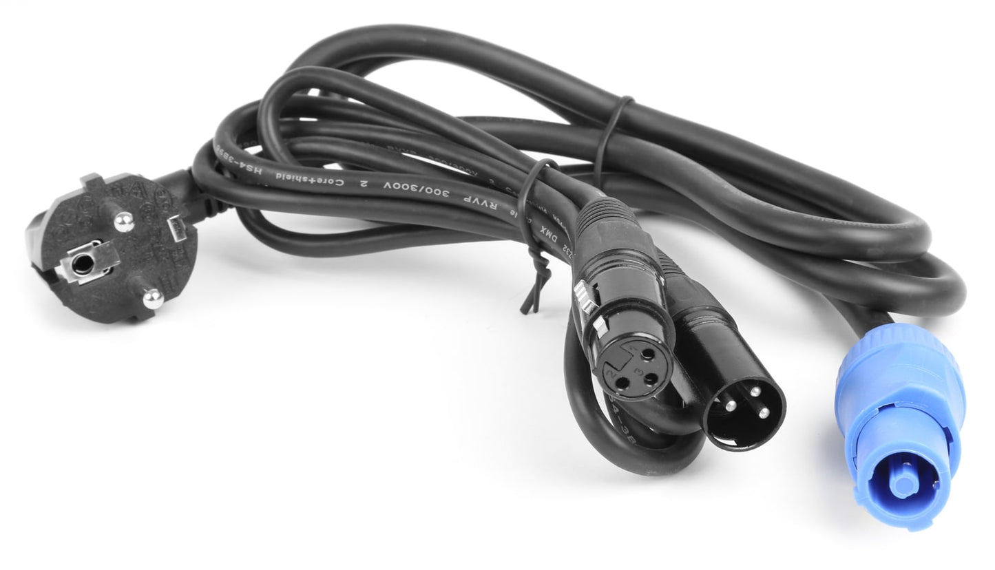Front view of the cables for the MHL1915 LED Zoom Moving Head set with 19x 15W RGBW LEDs, DMX control, and flightcase for transport.