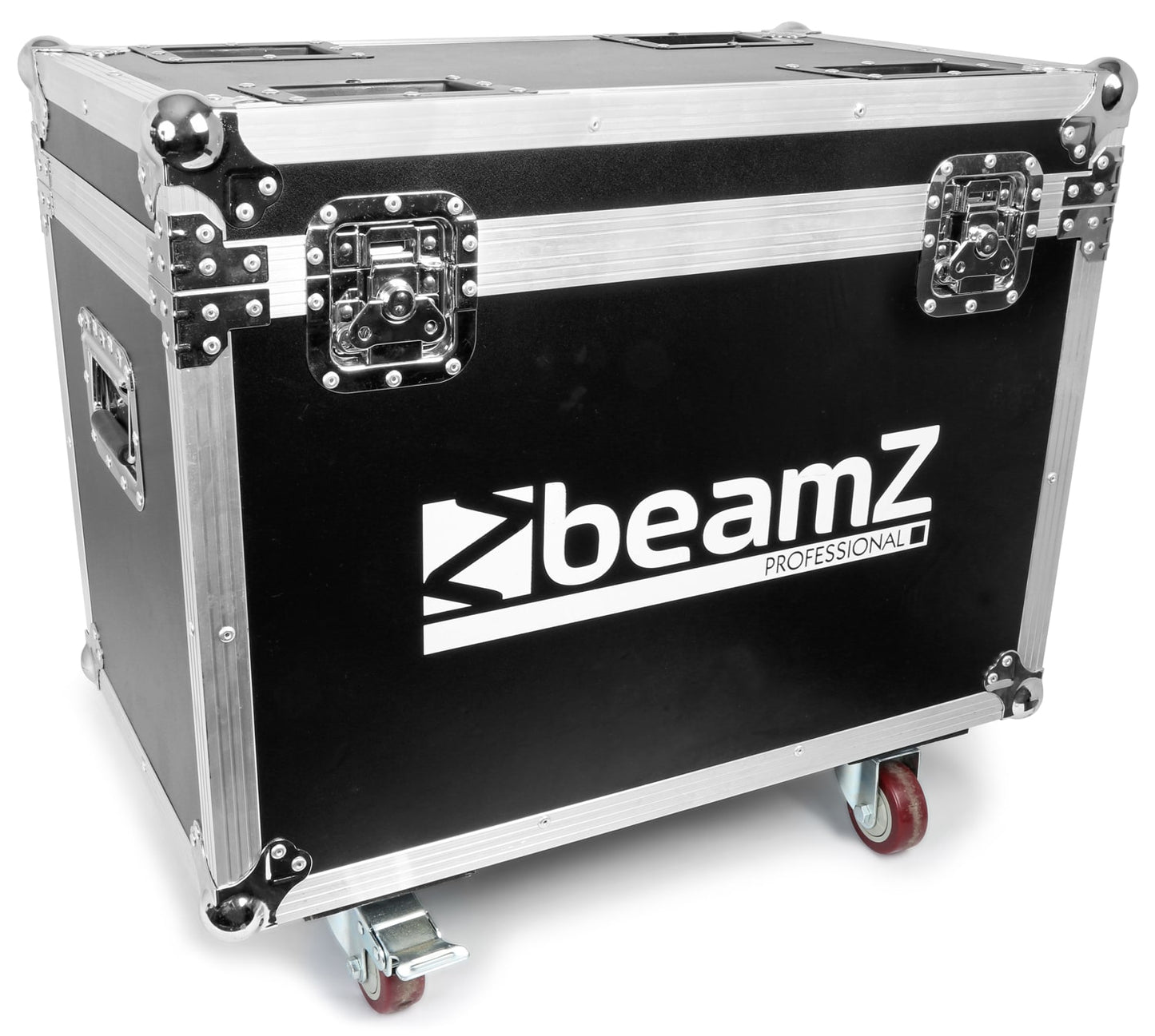 Angled view of the flighcase for the MHL1915 LED Zoom Moving Head set with 19x 15W RGBW LEDs, DMX control, and flightcase for transport.