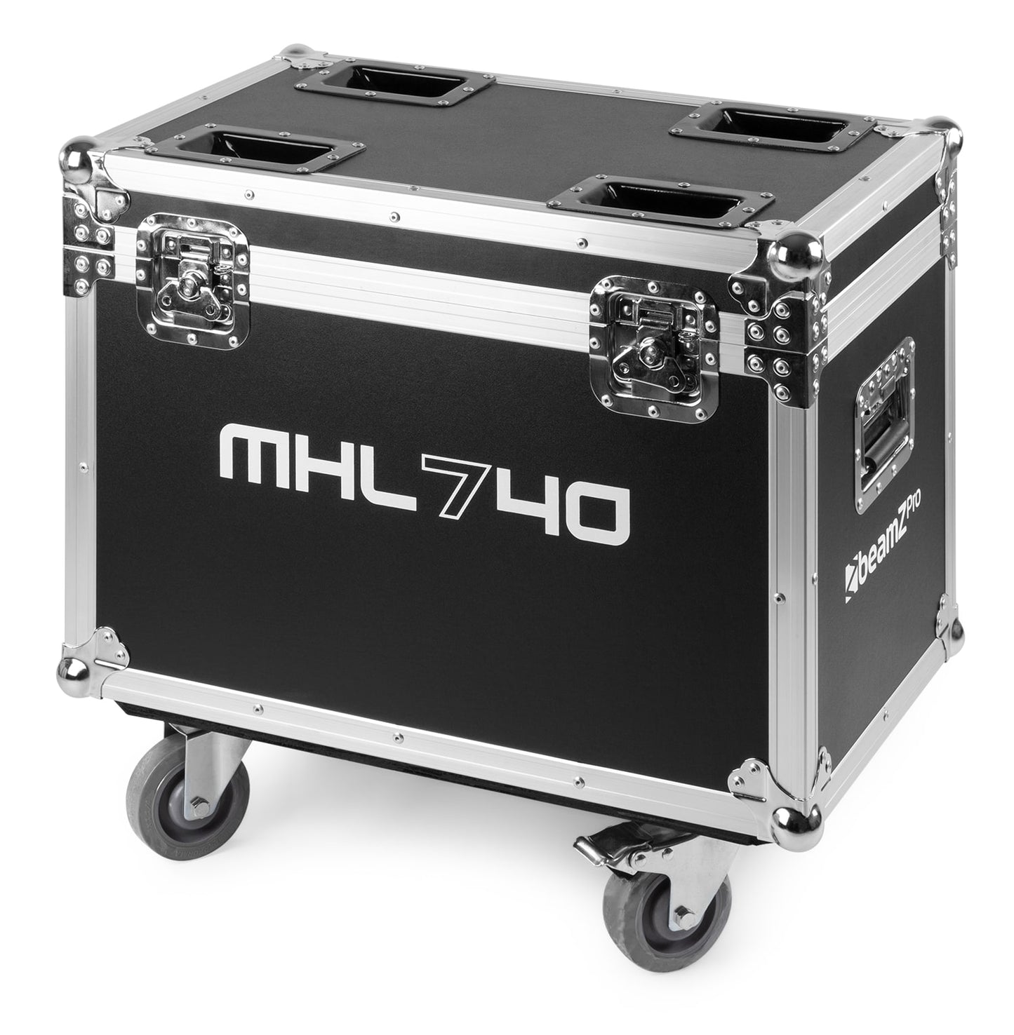 Front view of the flight case for the MHL740 LED Wash Moving Head with Zoom, featuring 7x 40W RGBW LEDs.