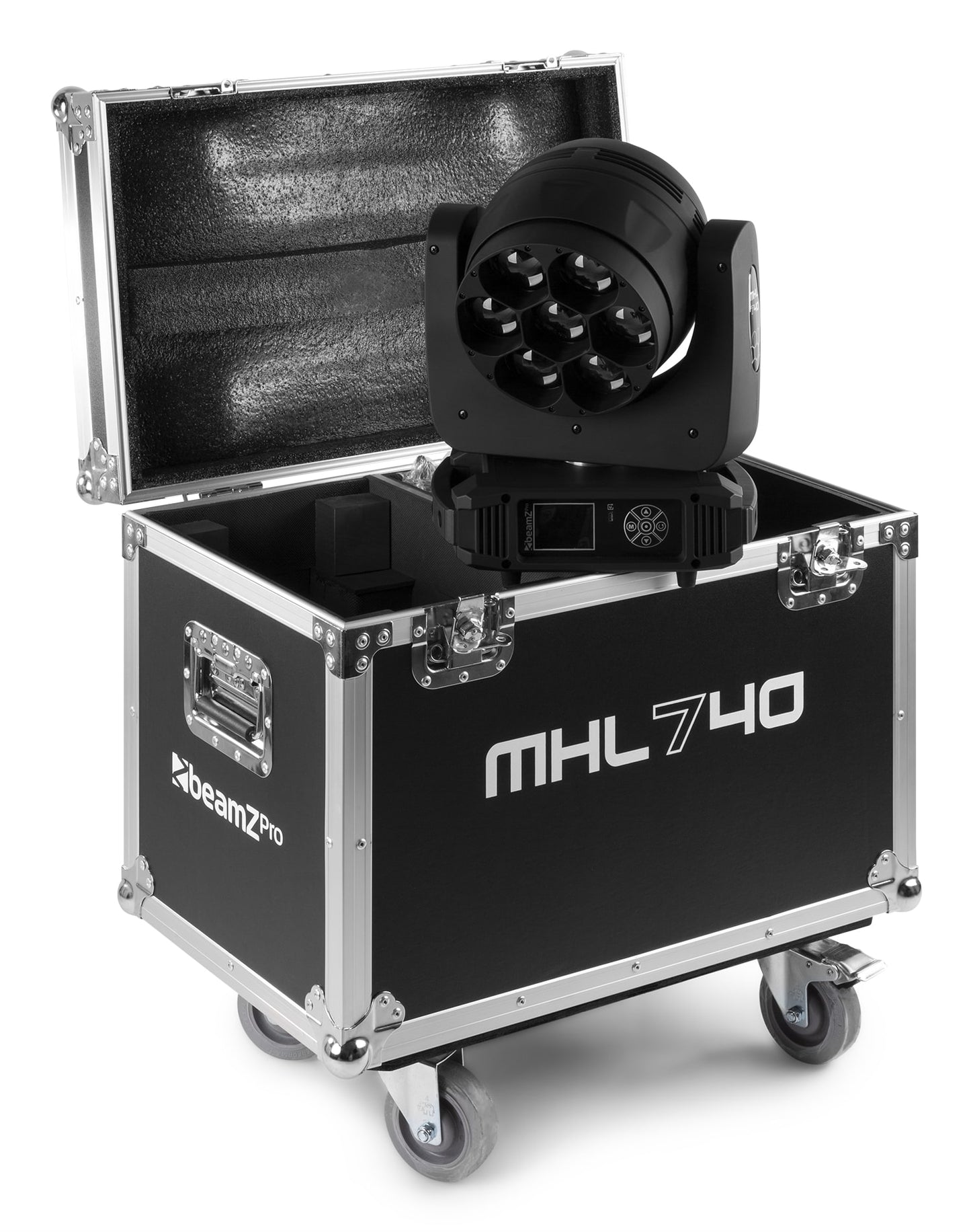 Top view of the open flight case and one MHL740 LED Wash Moving Head with Zoom in rugged flightcase, featuring 7x 40W RGBW LEDs.