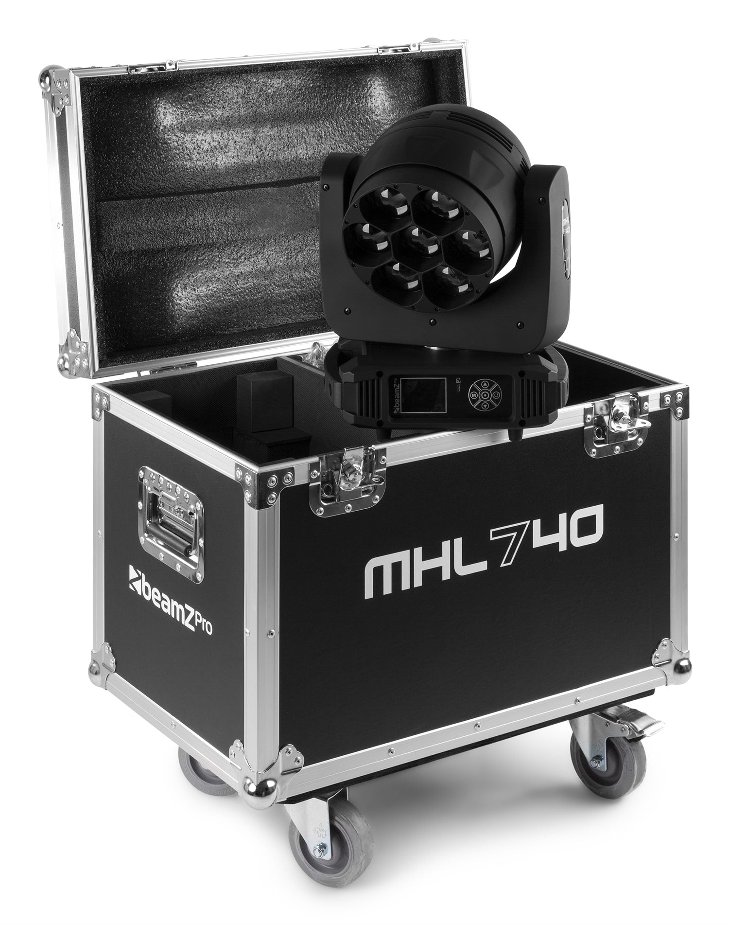 Top view of the open flight case and one MHL740 LED Wash Moving Head with Zoom in rugged flightcase, featuring 7x 40W RGBW LEDs.