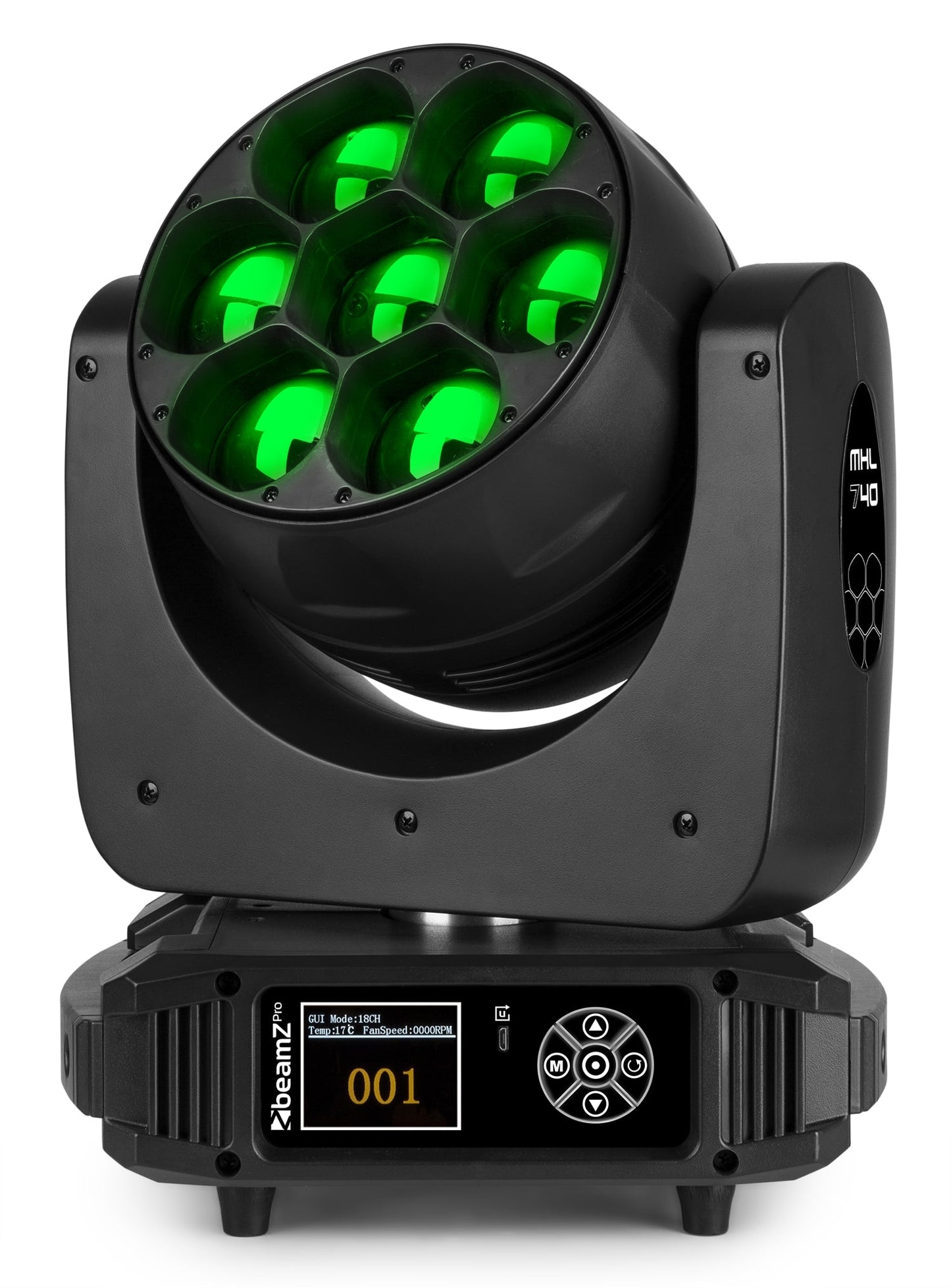 Front view of the MHL740 LED Wash Moving Head with Zoom, featuring 7x 40W RGBW LEDs in Green.