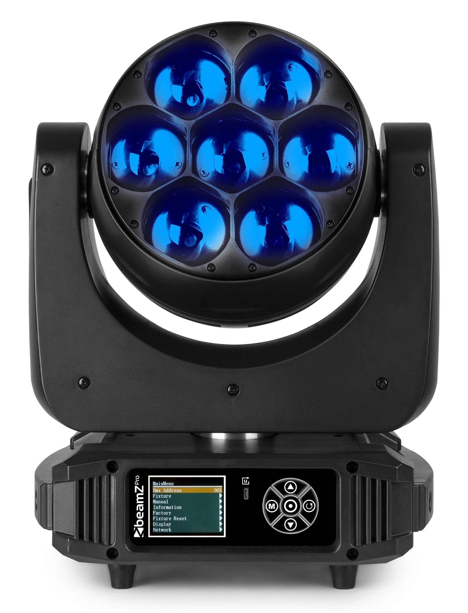 Front view of the MHL740 LED Wash Moving Head with Zoom, featuring 7x 40W RGBW LEDs in Blue.
