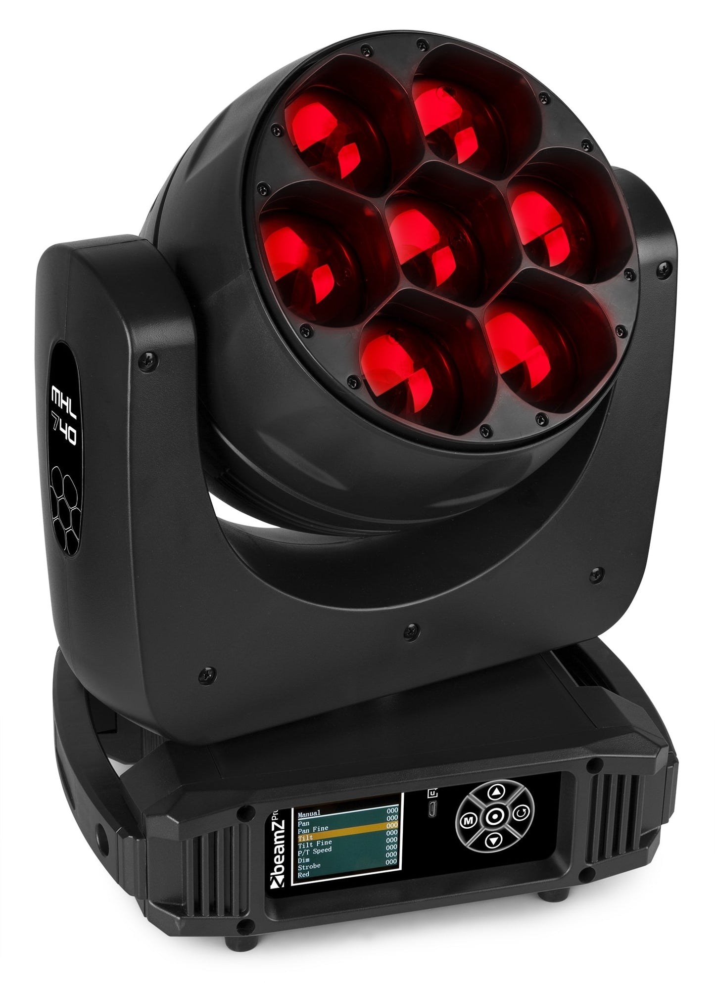 Front view of the MHL740 LED Wash Moving Head with Zoom, featuring 7x 40W RGBW LEDs in Red.