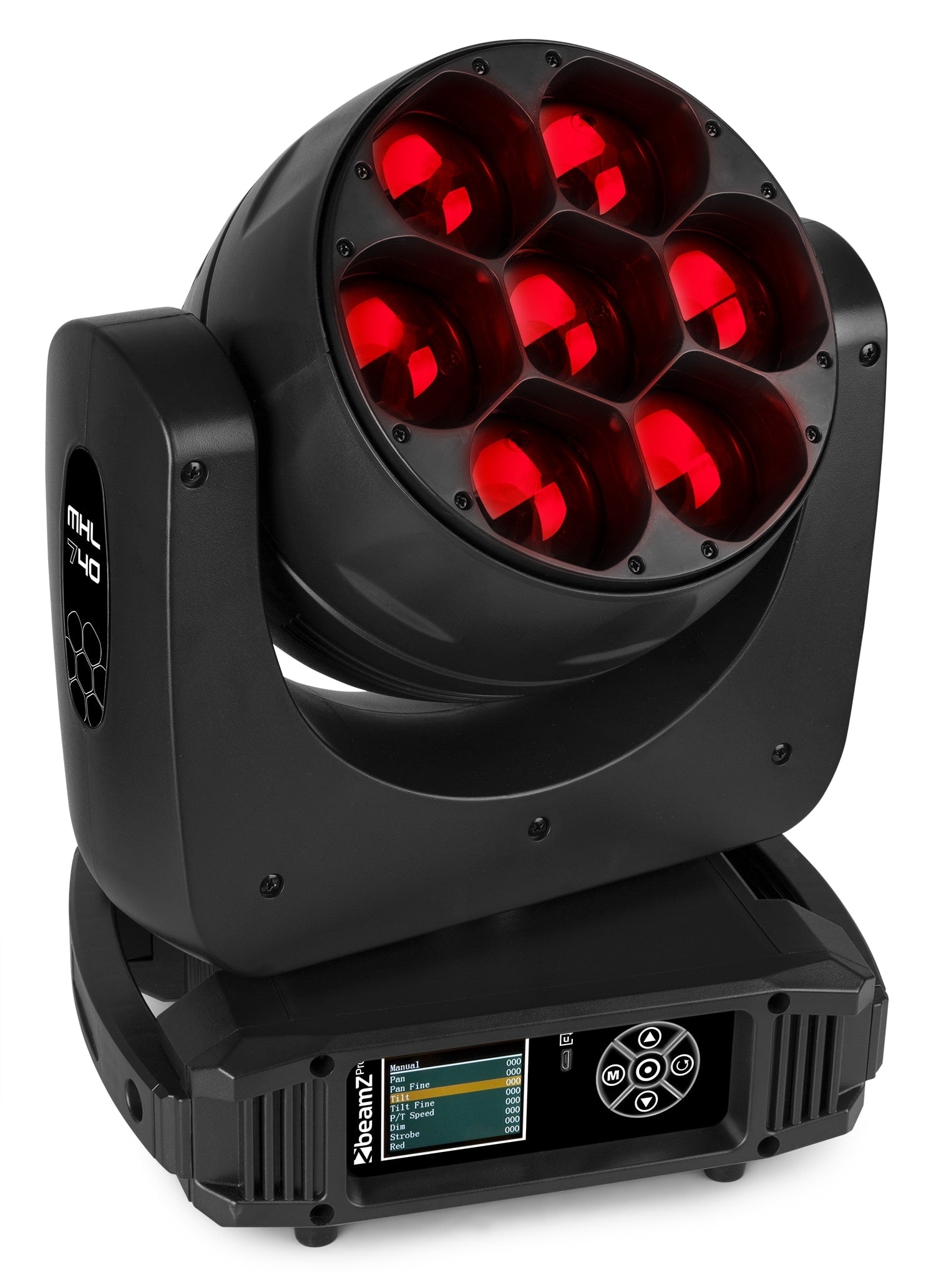 Front view of the MHL740 LED Wash Moving Head with Zoom, featuring 7x 40W RGBW LEDs in Red.