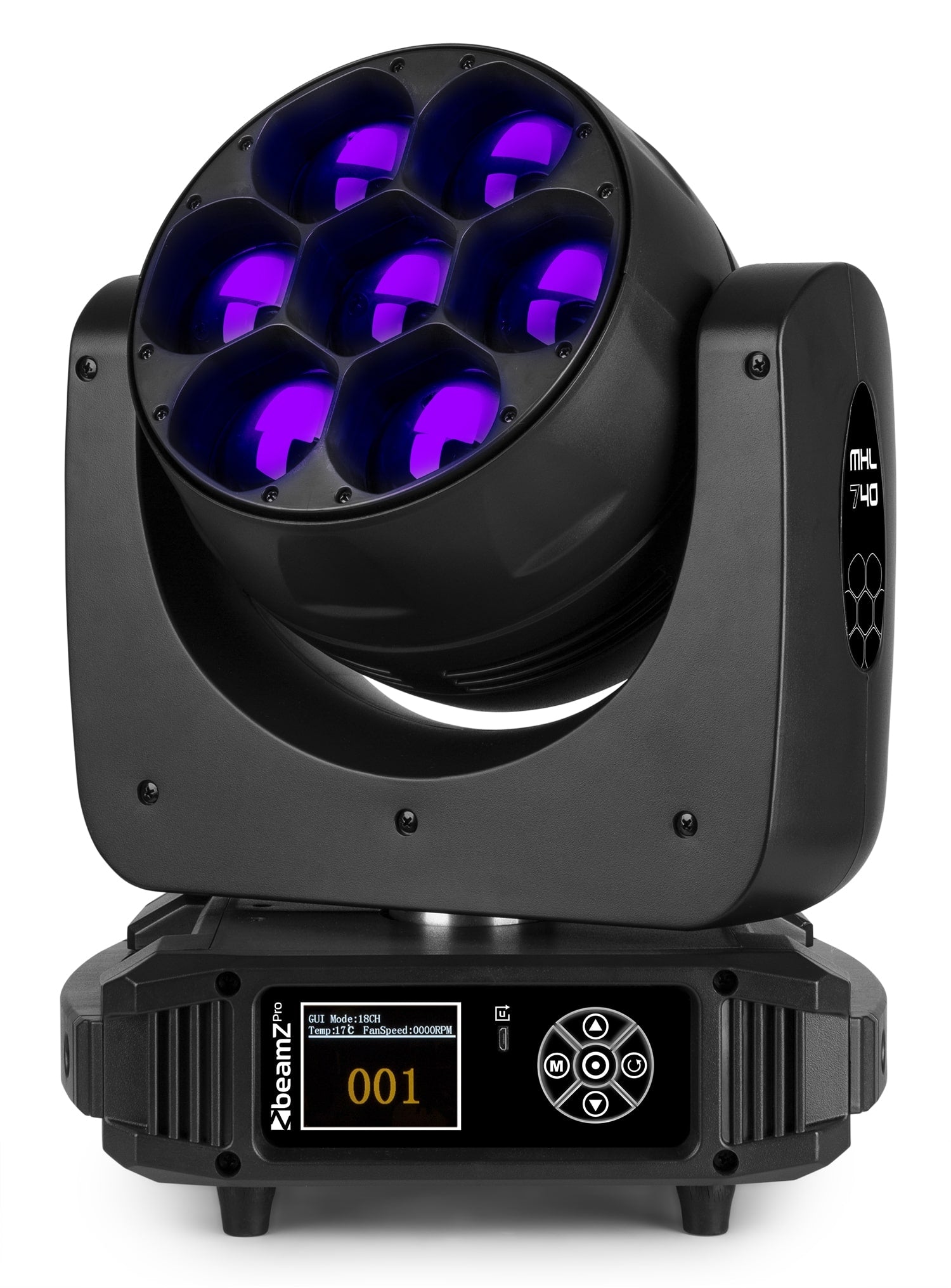 Front view of the MHL740 LED Wash Moving Head with Zoom, featuring 7x 40W RGBW LEDs in Purple.